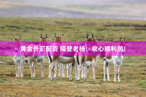 黄金外汇配资 隔壁老杨：收心搞利润！